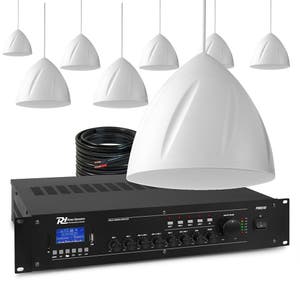 Power Dynamics 100V geluidsinstallatie met 8 hangende speakers en 4-zone versterker - 240W - Wit