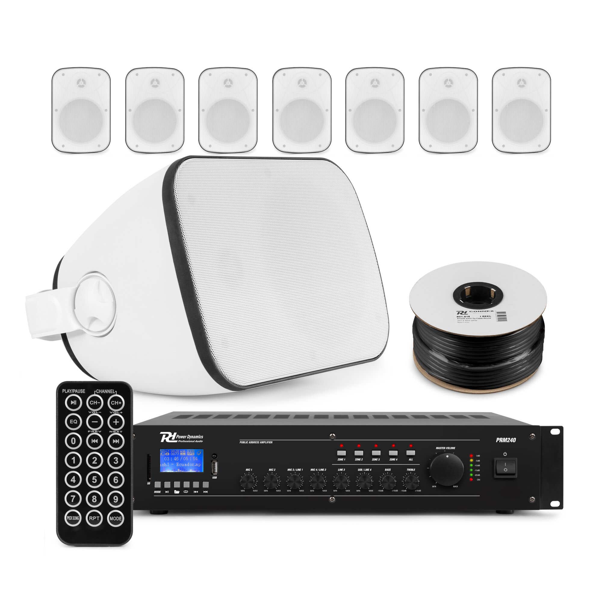 Power Dynamics professionele geluidsinstallatie werkplaats - 8x 100V speaker met versterker - Wit