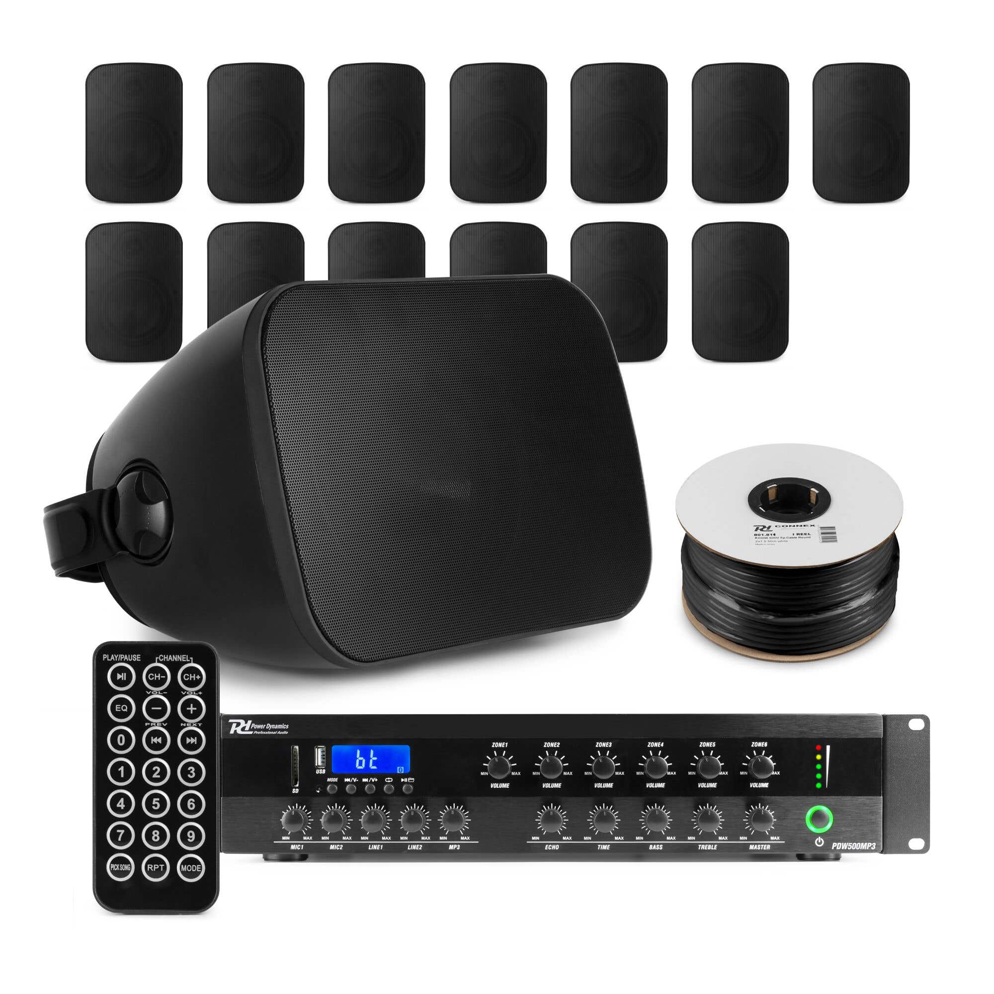 Power Dynamics professionele geluidsinstallatie - 14x speaker en 6-zone 100V versterker - Zwart